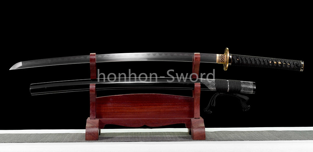 Épée de samouraï japonaise en acier plié noir, katana, lame tranchante faite à la main, noire 