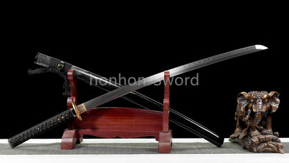 Épée de samouraï japonaise en acier plié noir, katana, lame tranchante faite à la main, noire 