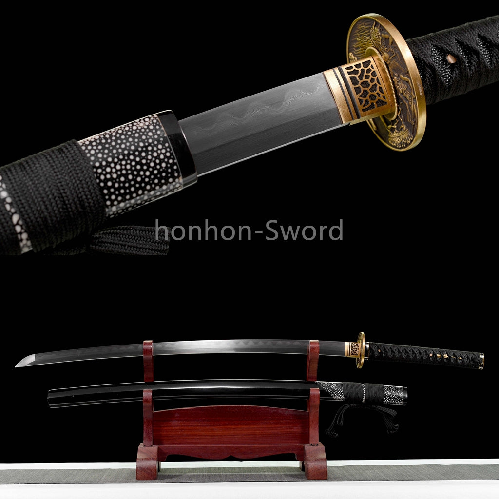 Épée de samouraï japonaise en acier plié noir, katana, lame tranchante faite à la main, noire 