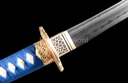 Japanese Tanto Damascus Folded Steel Clay Tempered Samurai Sword Full Tang Real