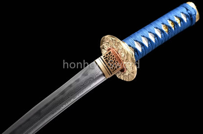 Japanese Tanto Damascus Folded Steel Clay Tempered Samurai Sword Full Tang Real