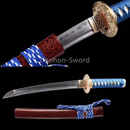 Japanese Tanto Damascus Folded Steel Clay Tempered Samurai Sword Full Tang Real