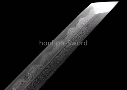 Japanese Tanto Damascus Folded Steel Clay Tempered Samurai Sword Full Tang Real