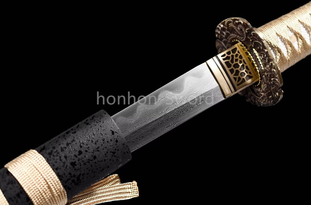 Japanese Tanto Damascus Folded Steel Clay Tempered Samurai Sword Full Tang Real
