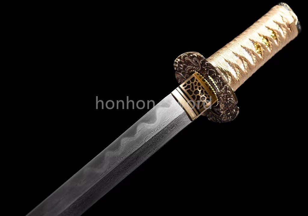 Japanese Tanto Damascus Folded Steel Clay Tempered Samurai Sword Full Tang Real