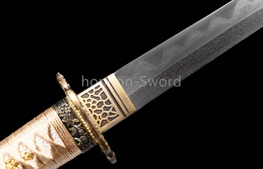 Japanese Tanto Damascus Folded Steel Clay Tempered Samurai Sword Full Tang Real