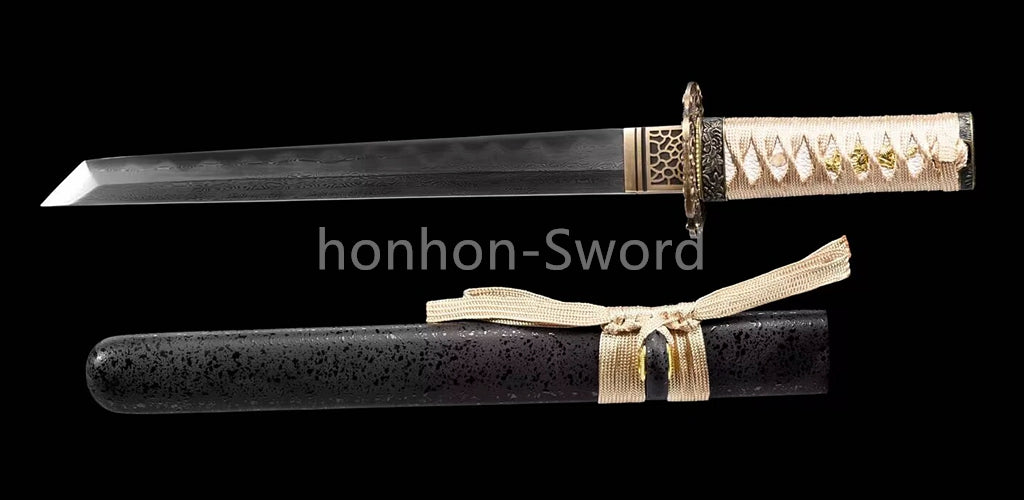 Japanese Tanto Damascus Folded Steel Clay Tempered Samurai Sword Full Tang Real
