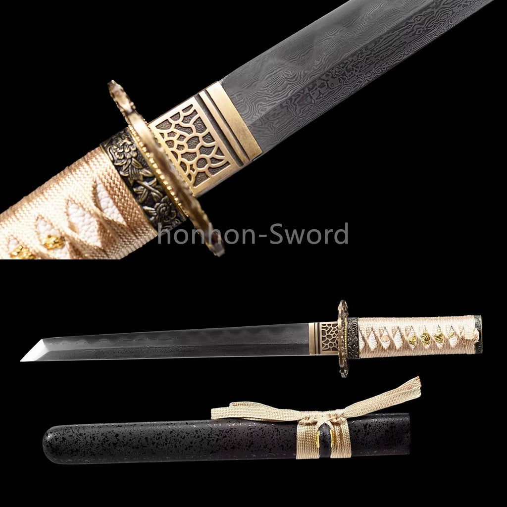 Japanese Tanto Damascus Folded Steel Clay Tempered Samurai Sword Full Tang Real