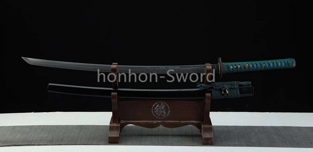 Épée de samouraï japonaise en acier plié noir, katana, lame tranchante faite à la main, noire 