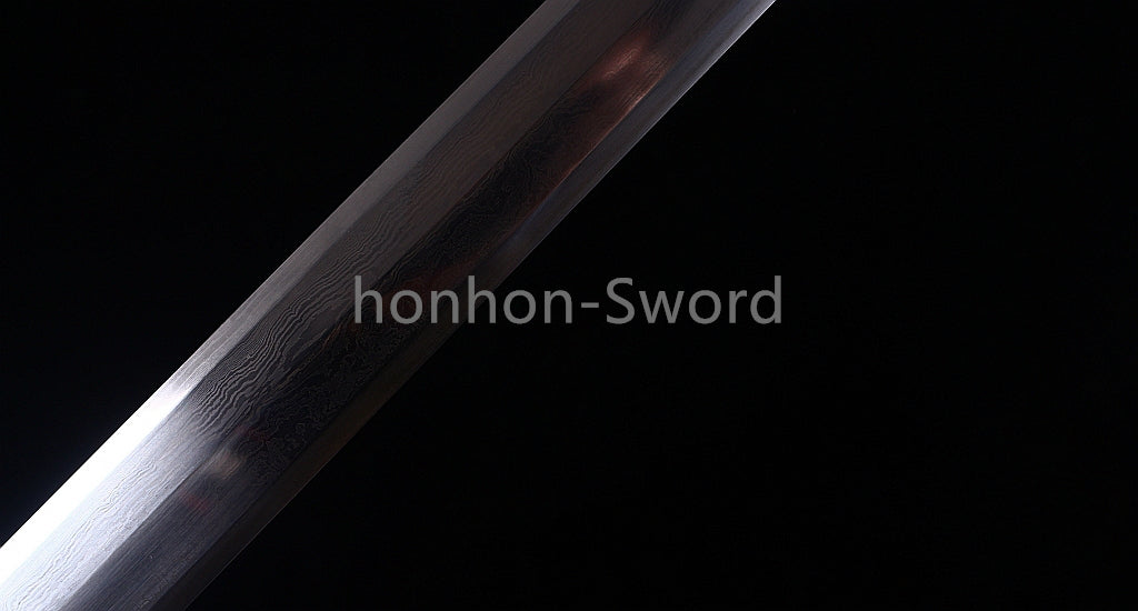 Handgeschmiedetes japanisches Samurai-Schwert Katana aus Damaszener-Faltstahl, scharf, ganz in Schwarz 