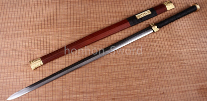 Handgeschmiedetes japanisches Samurai-Schwert Katana aus Damaszener-Faltstahl, scharf, ganz in Schwarz 