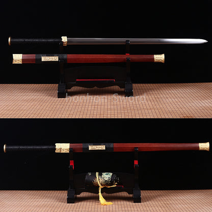 Handgeschmiedetes japanisches Samurai-Schwert Katana aus Damaszener-Faltstahl, scharf, ganz in Schwarz 