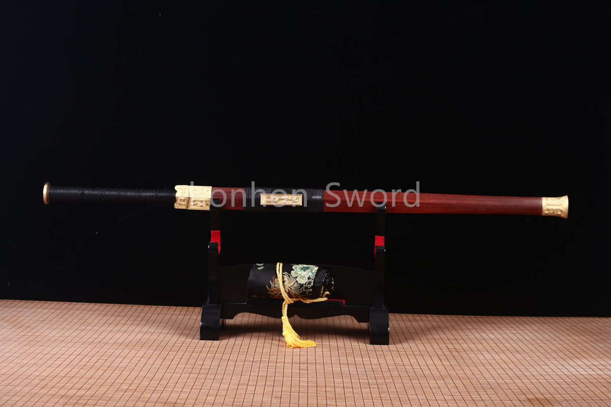 Handgeschmiedetes japanisches Samurai-Schwert Katana aus Damaszener-Faltstahl, scharf, ganz in Schwarz 