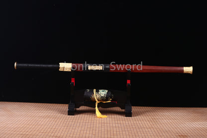 Handgeschmiedetes japanisches Samurai-Schwert Katana aus Damaszener-Faltstahl, scharf, ganz in Schwarz 