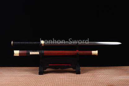 Handgeschmiedetes japanisches Samurai-Schwert Katana aus Damaszener-Faltstahl, scharf, ganz in Schwarz 