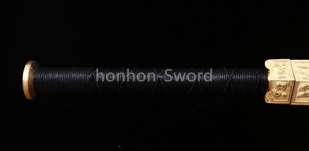 Handgeschmiedetes japanisches Samurai-Schwert Katana aus Damaszener-Faltstahl, scharf, ganz in Schwarz 