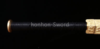 Handgeschmiedetes japanisches Samurai-Schwert Katana aus Damaszener-Faltstahl, scharf, ganz in Schwarz 