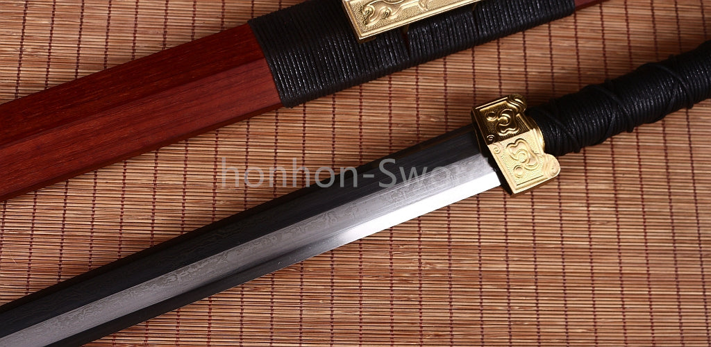 Handgeschmiedetes japanisches Samurai-Schwert Katana aus Damaszener-Faltstahl, scharf, ganz in Schwarz 