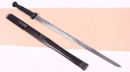 Handgeschmiedetes japanisches Samurai-Schwert Katana aus Damaszener-Faltstahl, scharf, ganz in Schwarz 
