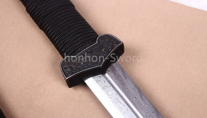 Handgeschmiedetes japanisches Samurai-Schwert Katana aus Damaszener-Faltstahl, scharf, ganz in Schwarz 