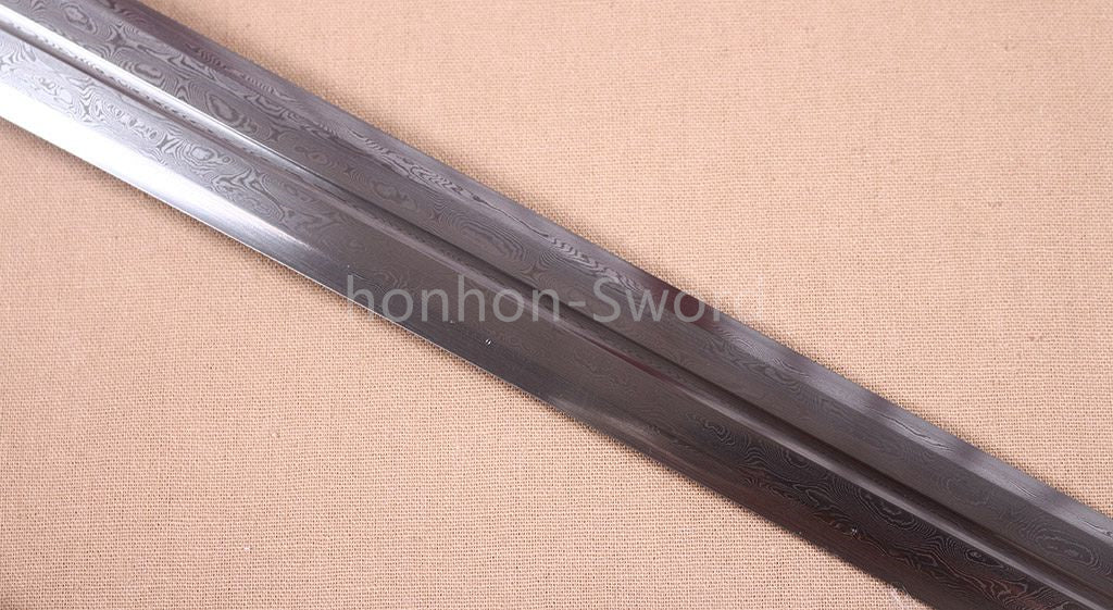 Handgeschmiedetes japanisches Samurai-Schwert Katana aus Damaszener-Faltstahl, scharf, ganz in Schwarz 