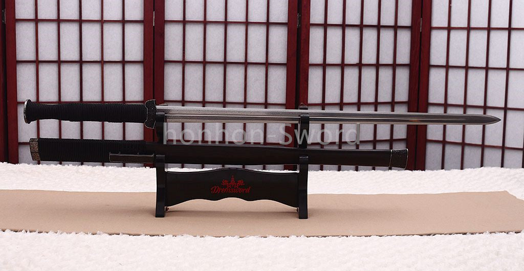 Handgeschmiedetes japanisches Samurai-Schwert Katana aus Damaszener-Faltstahl, scharf, ganz in Schwarz 