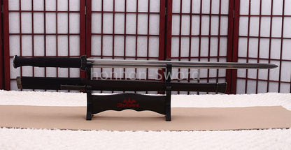 Handgeschmiedetes japanisches Samurai-Schwert Katana aus Damaszener-Faltstahl, scharf, ganz in Schwarz 