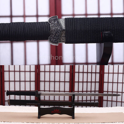 Handgeschmiedetes japanisches Samurai-Schwert Katana aus Damaszener-Faltstahl, scharf, ganz in Schwarz 