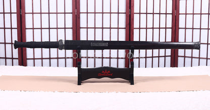 Handgeschmiedetes japanisches Samurai-Schwert Katana aus Damaszener-Faltstahl, scharf, ganz in Schwarz 