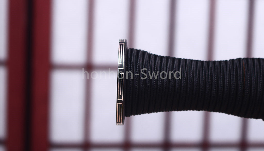 Handgeschmiedetes japanisches Samurai-Schwert Katana aus Damaszener-Faltstahl, scharf, ganz in Schwarz 