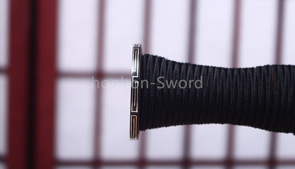 Handgeschmiedetes japanisches Samurai-Schwert Katana aus Damaszener-Faltstahl, scharf, ganz in Schwarz 