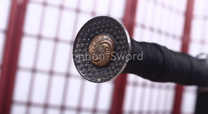 Handgeschmiedetes japanisches Samurai-Schwert Katana aus Damaszener-Faltstahl, scharf, ganz in Schwarz 