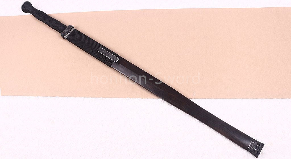 Handgeschmiedetes japanisches Samurai-Schwert Katana aus Damaszener-Faltstahl, scharf, ganz in Schwarz 