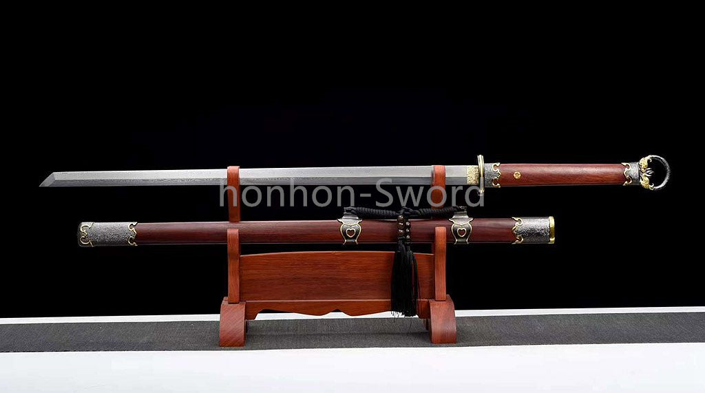 Japanisches Samurai-Schwert Katana aus schwarzem gefaltetem Stahl, Full Tang, handgefertigt, scharfe Klinge, schwarz 