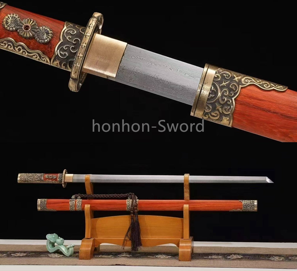 Damascus Folded Steel Tang Dynasty Dao 唐刀 Single-Handed Tang Dao Chinese Dao Sword Brass Fittings