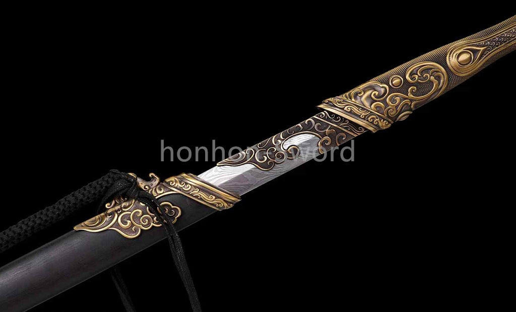Chinese Jian Damascus Folded Steel Jian Traditional 剑 Real Sword Brass Fittings Double Edge Full Tang