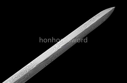 Chinese Jian Damascus Folded Steel Jian Traditional 剑 Real Sword Brass Fittings Double Edge Full Tang