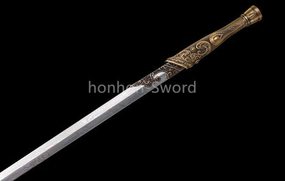 Chinese Jian Damascus Folded Steel Jian Traditional 剑 Real Sword Brass Fittings Double Edge Full Tang