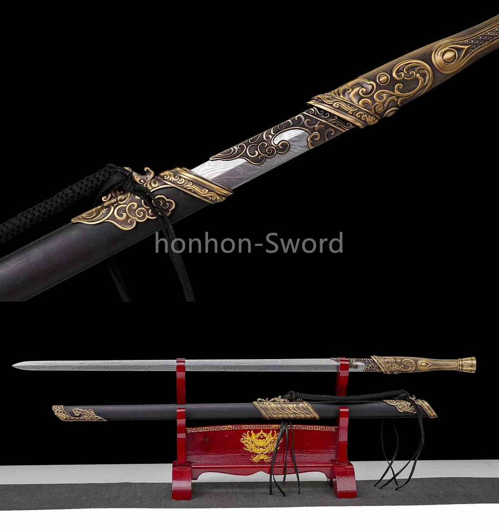 Chinese Jian Damascus Folded Steel Jian Traditional 剑 Real Sword Brass Fittings Double Edge Full Tang