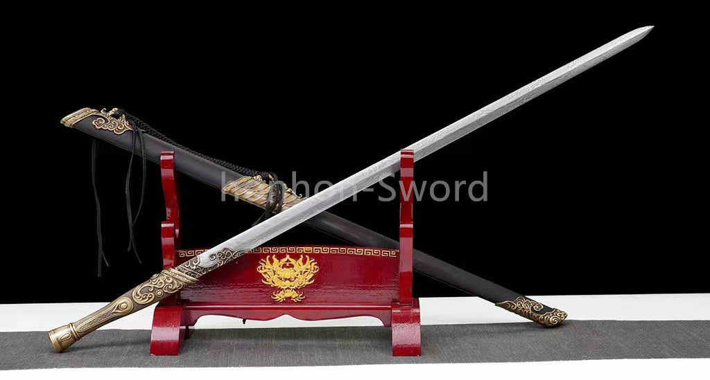 Chinese Jian Damascus Folded Steel Jian Traditional 剑 Real Sword Brass Fittings Double Edge Full Tang