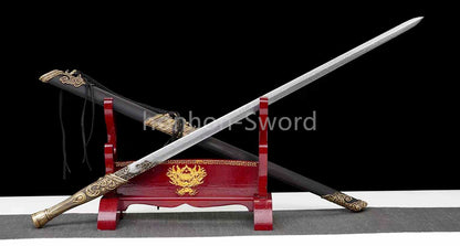 Chinese Jian Damascus Folded Steel Jian Traditional 剑 Real Sword Brass Fittings Double Edge Full Tang
