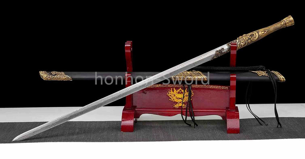 Chinese Jian Damascus Folded Steel Jian Traditional 剑 Real Sword Brass Fittings Double Edge Full Tang