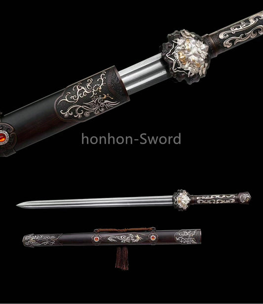 Japanisches Samurai-Schwert Katana aus schwarzem gefaltetem Stahl, Full Tang, handgefertigt, scharfe Klinge, schwarz 