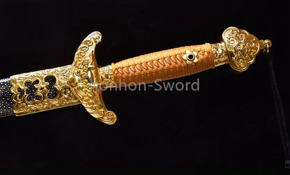 26inch Chinese Sword Qing Dynasty Jian 清剑 Folded Steel Gold-plated Brass Tsuba Double Edge Sharp