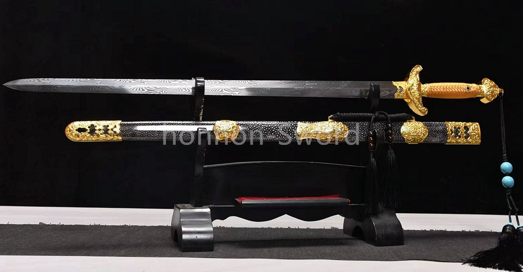 26inch Chinese Sword Qing Dynasty Jian 清剑 Folded Steel Gold-plated Brass Tsuba Double Edge Sharp
