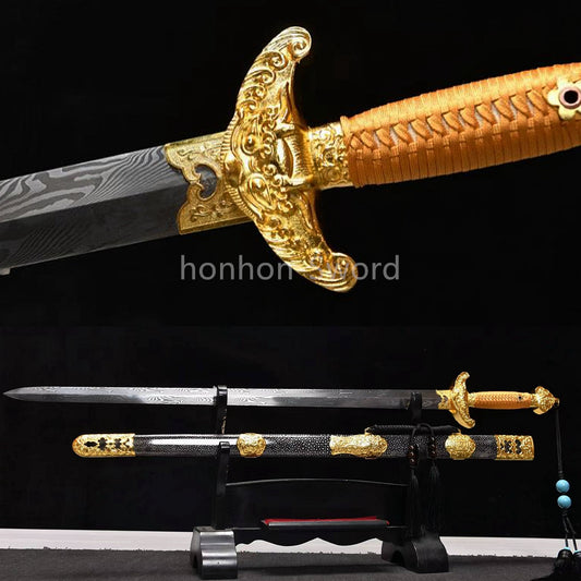 26inch Chinese Sword Qing Dynasty Jian 清剑 Folded Steel Gold-plated Brass Tsuba Double Edge Sharp