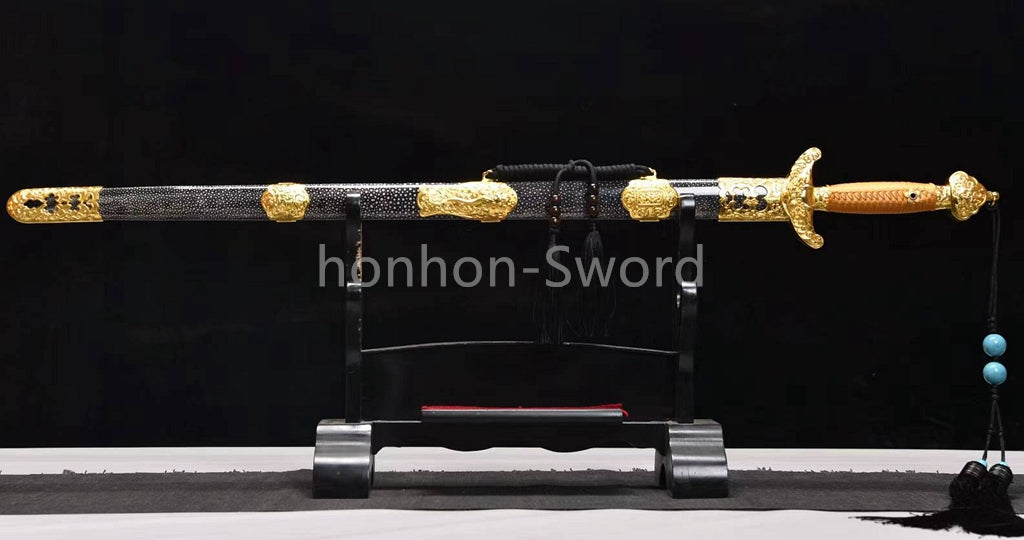 26inch Chinese Sword Qing Dynasty Jian 清剑 Folded Steel Gold-plated Brass Tsuba Double Edge Sharp