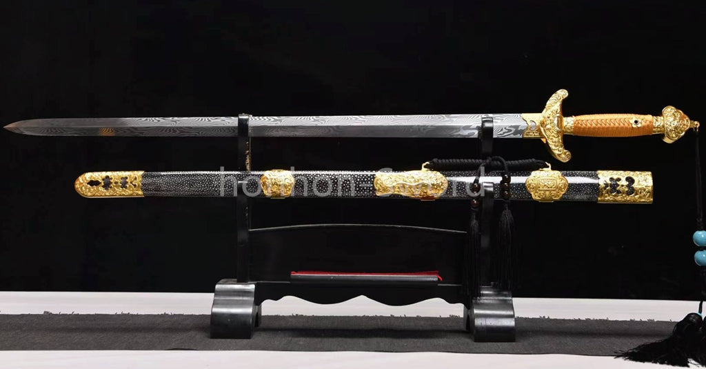 26inch Chinese Sword Qing Dynasty Jian 清剑 Folded Steel Gold-plated Brass Tsuba Double Edge Sharp