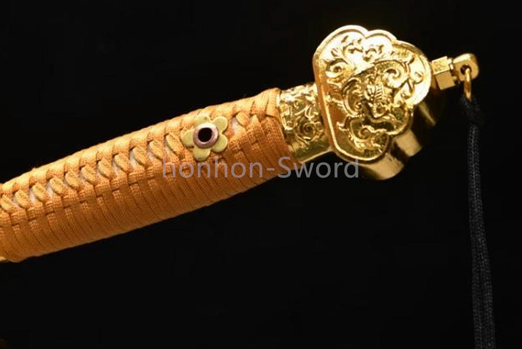 26inch Chinese Sword Qing Dynasty Jian 清剑 Folded Steel Gold-plated Brass Tsuba Double Edge Sharp