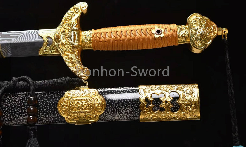 26inch Chinese Sword Qing Dynasty Jian 清剑 Folded Steel Gold-plated Brass Tsuba Double Edge Sharp